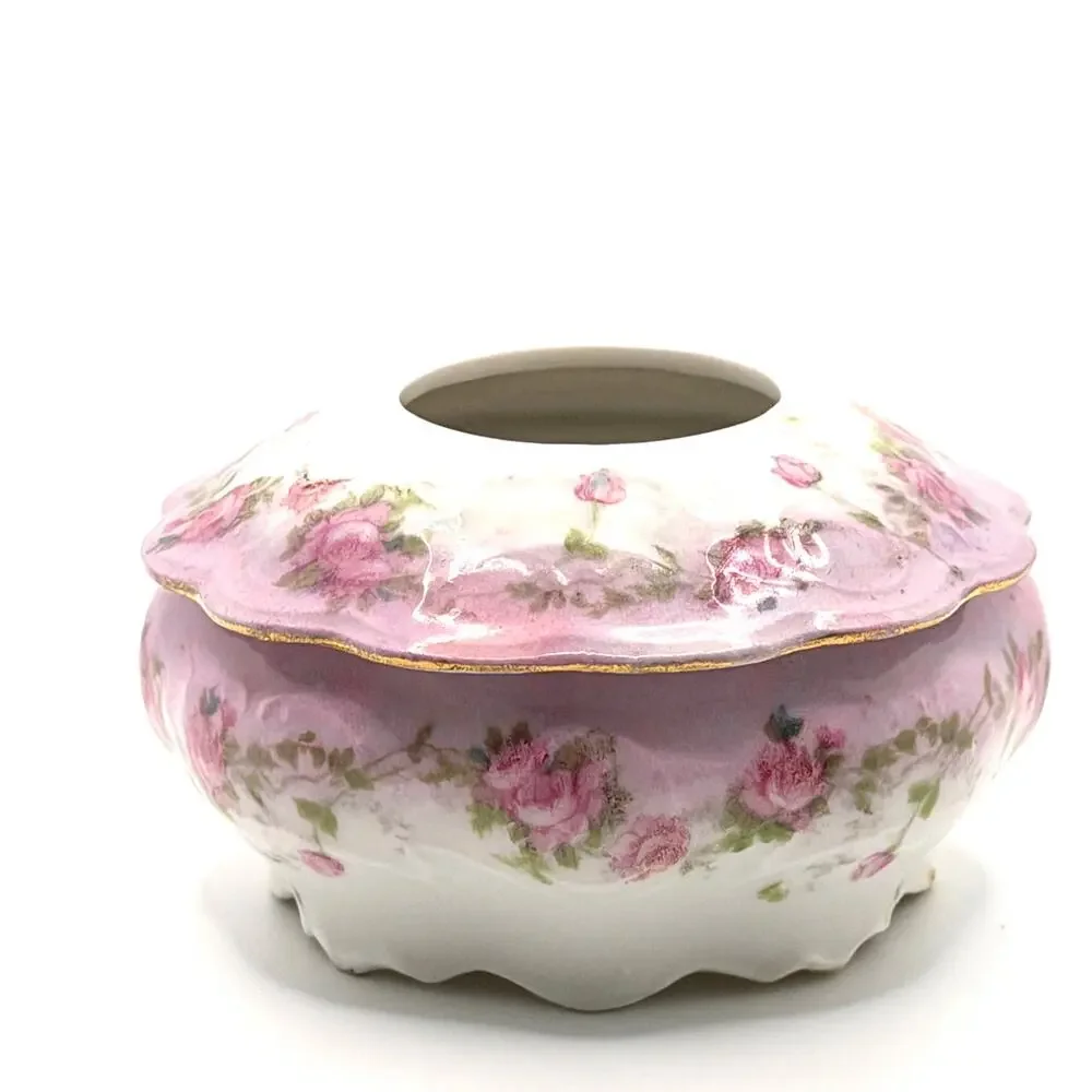 Vintage 1900s Pink White Hand Painted Porcelain Rose Scalloped Hair Receiver